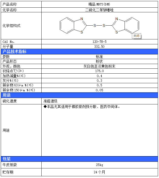 橡胶硫化促进剂 MBTS(DM) :二硫化二苯并噻唑
