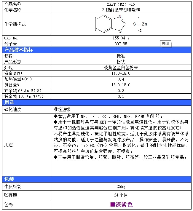 橡胶硫化促进剂  ZMBT(MZ)化学名称 2-硫醇基苯骈噻唑锌盐